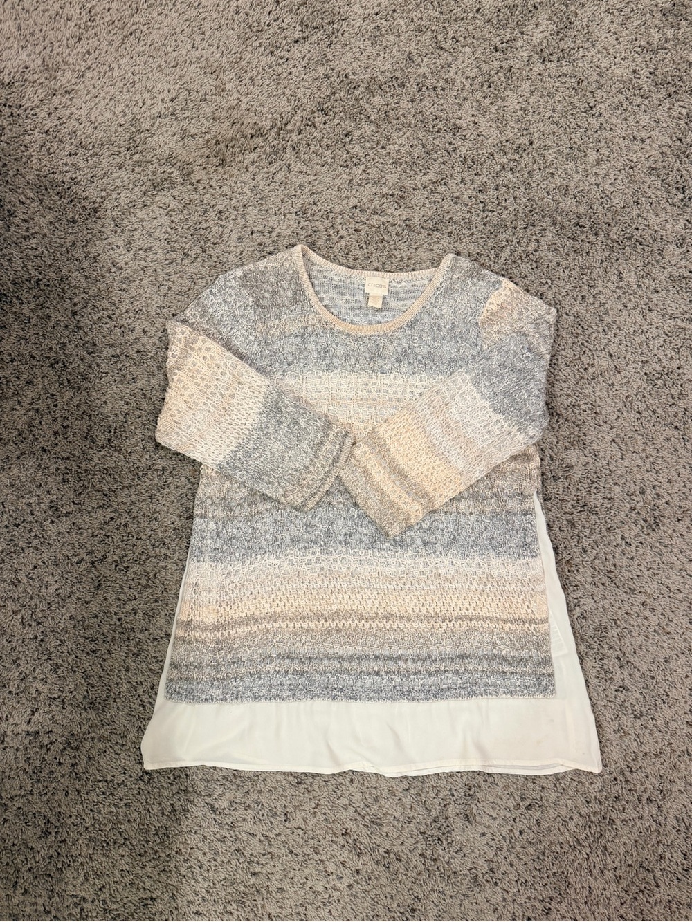 Chico's Striped Scoop Neck Sweater in Gray and Cream with Chiffon Hem